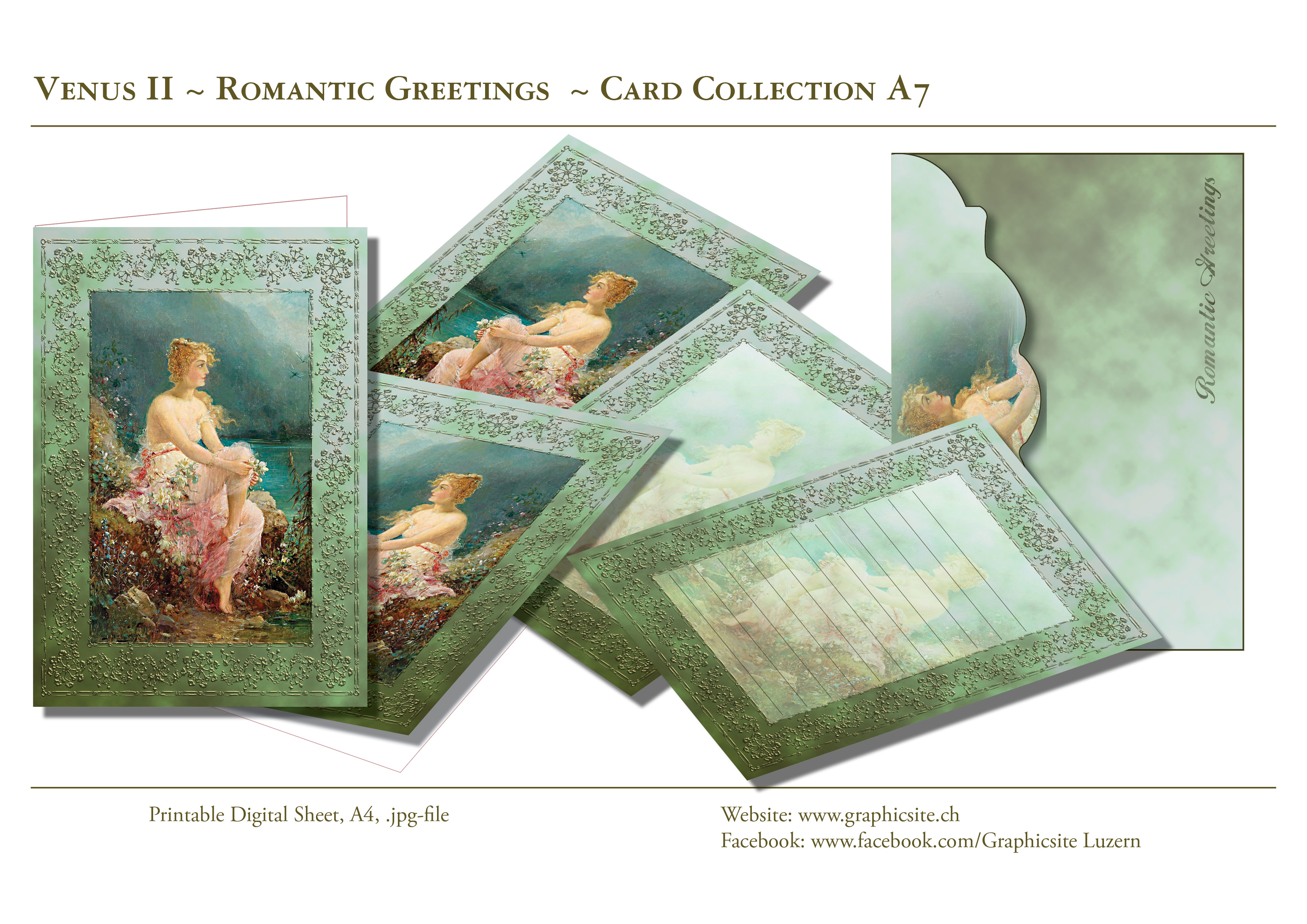 Printable Digital Sheets - CardCollection A7- Venus II - Romantic, vintage, postcards, greetingcards, 
